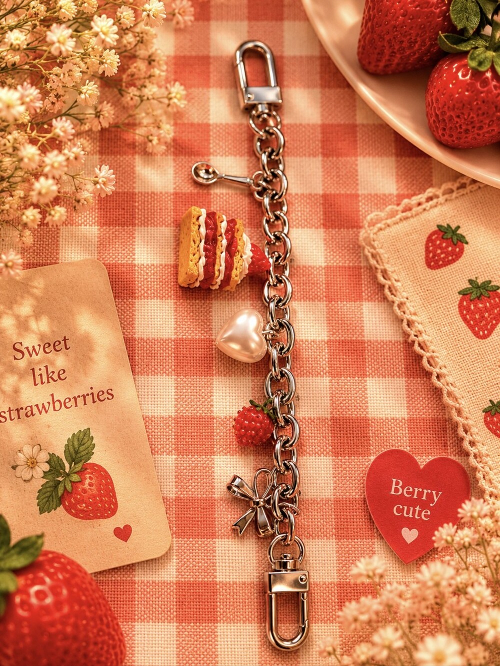 Silver-Tone Bag Charm with Strawberry, Shortcake, Spoon, Bow & Heart Charms